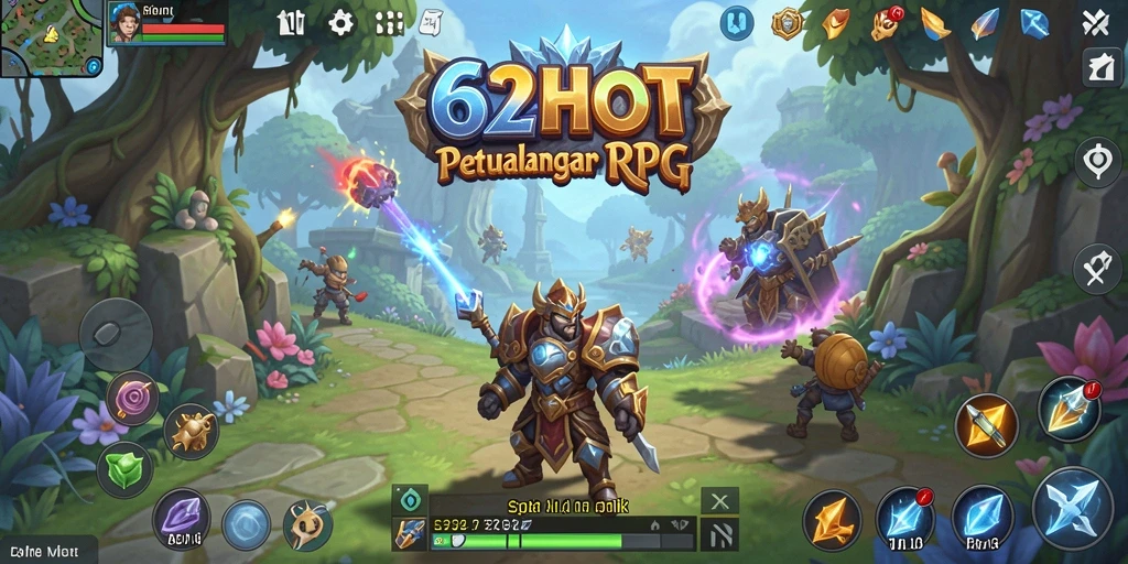 Screenshot utama 62HOT menampilkan pertarungan epik dalam gameplay RPG.