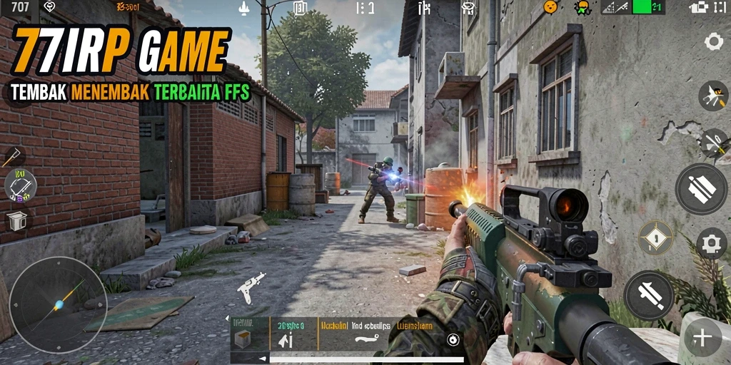 Tampilan seru dari gameplay FPS 77RP yang menegangkan.