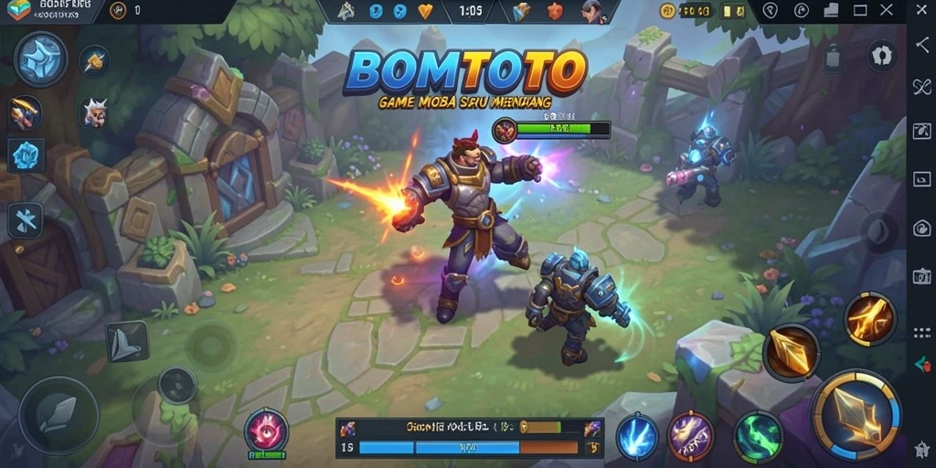 Tampilan dinamis dari gameplay MOBA BOMTOTO yang seru.