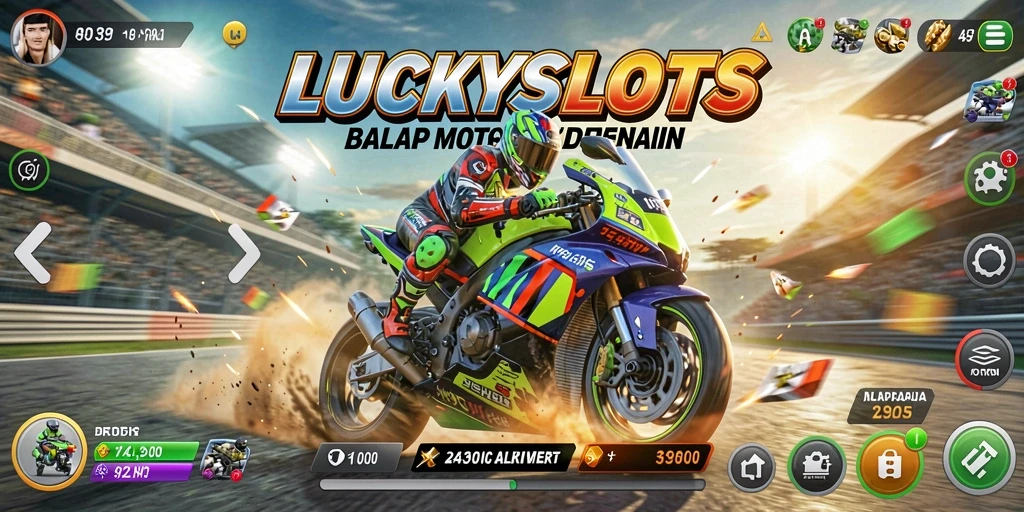 Tangkapan layar gameplay LUCKYSLOTS dengan aksi balap motor yang mendebarkan.