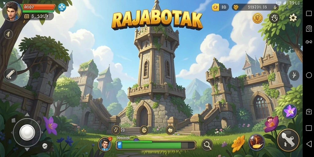 Screenshot gameplay Tower Defense RAJABOTAK dengan menara beraksi.