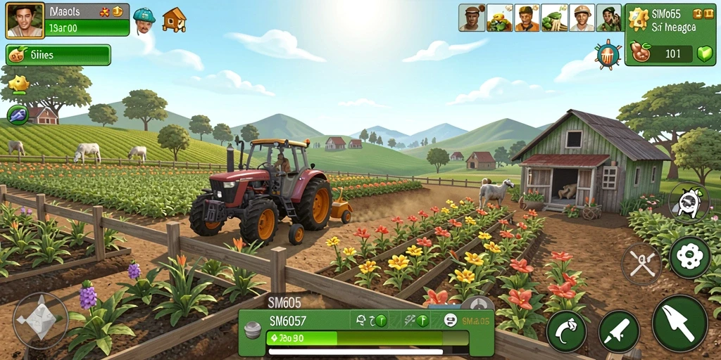 Tampilan menarik dari gameplay SM605 yang penuh warna dan aktivitas pertanian.