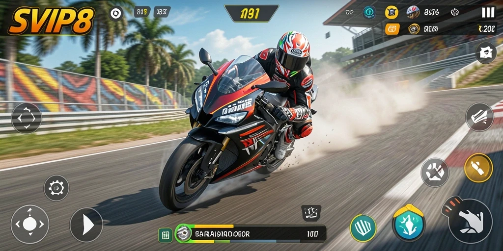 Tampilan gameplay SVIP8 yang mendebarkan dan penuh aksi balapan motor.