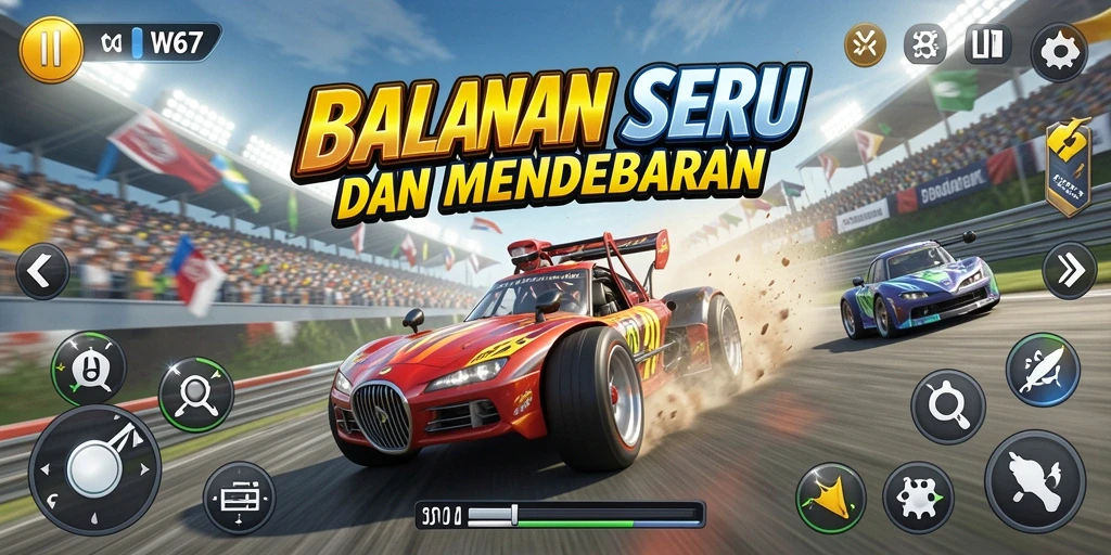 Gameplay W67 menunjukkan aksi balapan yang mendebarkan dan grafis yang menakjubkan.